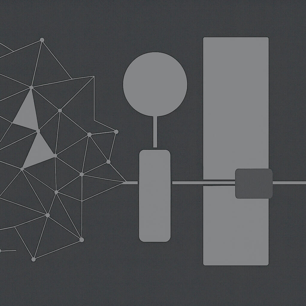 Abstract dark-mode graphic of a network of thin geometric lines transitioning into a set of simple vertical shapes, suggesting modulation and emerging structure.